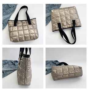 Detailed views of champagne gold quilted tote bag with black handles from multiple angles
