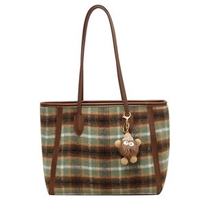 Retro plaid wool tote bag with leather straps and cute monster plush pendant