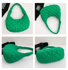 Detailed views of bright green quilted cloud bag from multiple angles with metal zipper