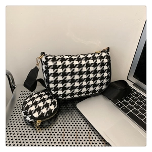 Houndstooth Shoulder Bag And Small Round Purse Woolen Tweed Underarm Crossbody Adjustable Wide Strap For Women Fashion