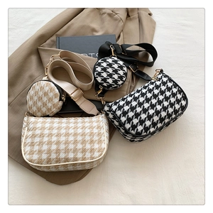 Classic houndstooth crescent bag set with adjustable woven strap and round coin pouch