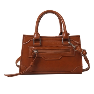 British style dark brown leather handbag with silver zippers and crossbody strap