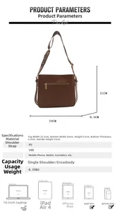 Tabella taglie borsa in PU marrone con tracolla larga e dettaglio tasca posteriore
