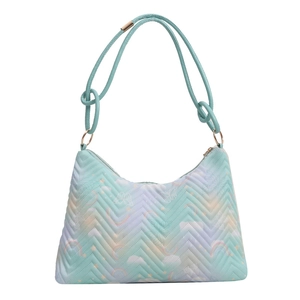 Mint green nylon shoulder bag with V-quilt pattern and whimsical rainbow prints