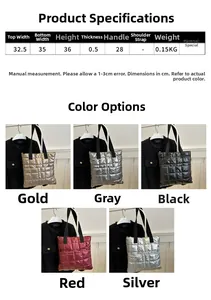 Quilted puffer tote size chart with metallic gold, silver, grey, black, and red color options