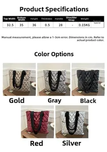 Detailed size chart and color options for large capacity quilted puffer tote bag