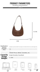 Brown crescent shoulder bag product specifications with detailed size measurements