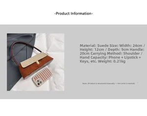 Detail specifications for vintage brown suede underarm bag showing dimensions and materials