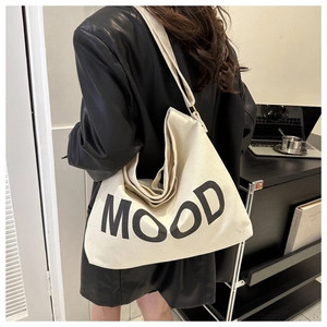 Grand sac cabas en toile crème avec imprimé MOOD pour femme, style décontracté chic