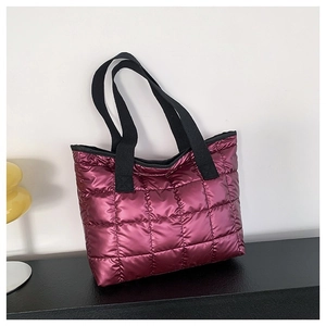 Women Quilted Metallic Puffer Tote Bag Large Capacity Padded Shoulder Bag Urban Fashion Minimalist Lightweight Commuting Bag