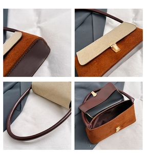 Detailed views of vintage contrast underarm bag with gold buckle and suede texture