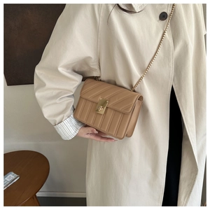 Detail of vintage quilted crossbody bag with golden twist lock and chain strap