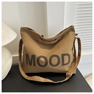 Grand sac cabas vintage en toile marron avec lettrage MOOD et bandoulière réglable