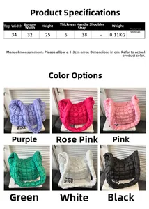 Size chart showing dimensions and colors of the quilted bubble puffy tote handbag