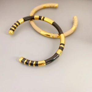 Vintage Enamel Open Cuff Bangle Striped Copper Gold Plated Bracelet For Women Retro Fashion Luxury Jewelry Gift