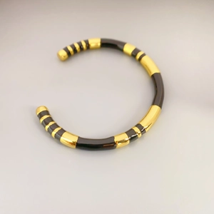 French vintage bamboo style gold plated C-shape open bangle with black enamel stripes