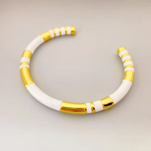 French vintage bamboo style gold plated open bangle with white enamel stripe texture
