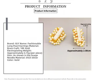 Detailed specs of long bar pearl earrings featuring 18K gold plating and S925 silver needles