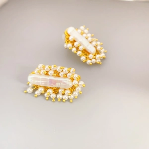 Vintage gold bar earrings with baroque pearls and small pearl cluster accents