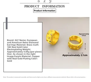 Macro view of 18K gold plated brass earrings featuring vertical texture and zircons