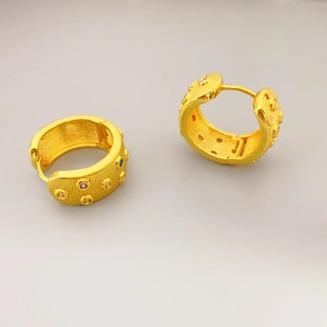 Gold wide hoop earrings with vertical brushed texture and multi-color crystal inlay