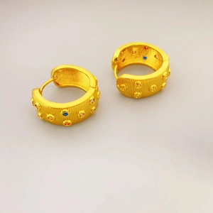 French style gold-plated hoop earrings with vertical brushed texture and colorful stones