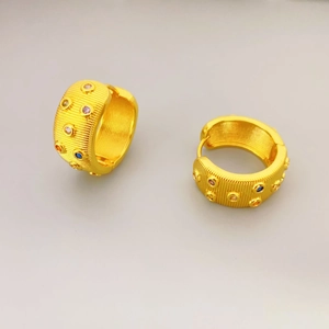 Wide Hoop Earrings With Vertical Texture And Colorful Zircon French Style 18K Gold Plated Copper For Women