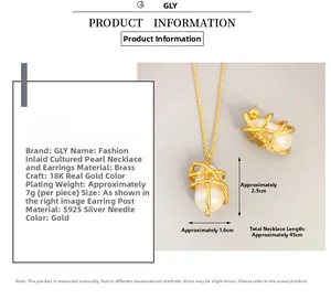 Detailed view of baroque pearl necklace and earrings set with gold brass measurements