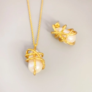French Vintage Baroque Cultured Pearl Earrings Necklace 18K Gold Plated Brass Cage Jewelry For Women Wedding Jewelry