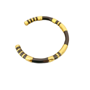 Gold plated C-shaped bamboo style bracelet with black enamel stripes and ball ends