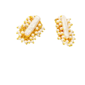 Elegant bar-shaped baroque pearl earrings with tiny white pearls and gold metal base