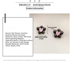 Detailed specs of floral enamel stud earring with pink heart zircon and S925 silver needle