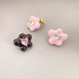 Enamel Flower Stud Earrings With 925 Sterling Silver Earring Post Heart Cubic Zirconia Brass Jewelry For Women