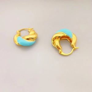 French luxury gold and sky blue enamel twist hoop earrings with double spiral design