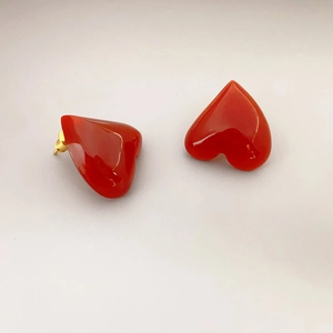French vintage red heart stud earrings with 925 silver needles and golden metal finish