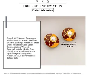 Detail of round enamel flower stud earrings with 18K gold plating and center pearl