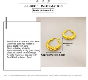 Detail showing 18K gold-plated twisted hoop earrings set with zircon stones and sizing info