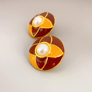 Vintage round enamel flower earrings with pearls and 925 silver needles for women
