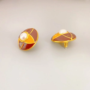 Vintage round enamel stud earrings with gold plating and pearl center for women