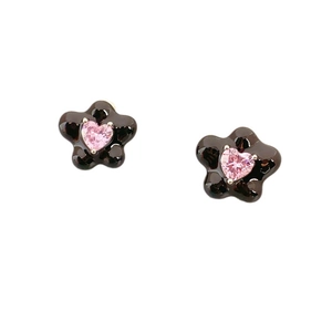 Gold plated flower stud earrings with black enamel and pink heart zirconia stone
