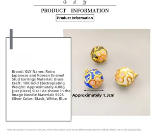 Macro shot of 18K gold plated enamel dome earrings with detailed product size measurements