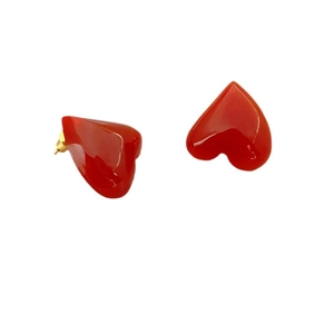 Elegant red heart stud earrings with glossy finish and gold metal posts for women