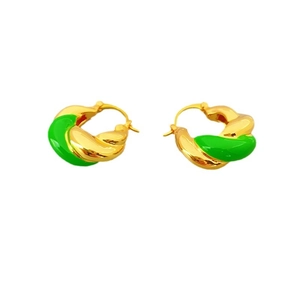 Fashionable double-strand spiral earrings with gold metal and green enamel glaze coating