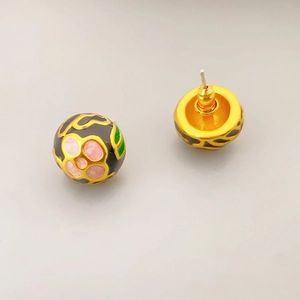 Vintage floral enamel hemisphere earrings with colorful 925 silver needle for women