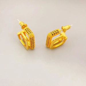 Double-layered geometric gold-plated earrings with pavé black zircons and matte finish