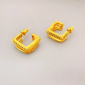 Textured gold-plated square hoop earrings with micro-inlaid black crystals for women