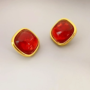 Vintage gold plated square earrings with translucent red stone inlay for women