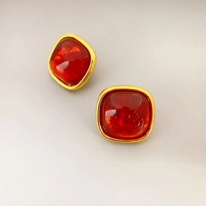 Vintage Red Square Resin Stud Earrings With 925 Sterling Silver Earring Post Gold Plated Copper Earrings For Women Wedding Jewelry