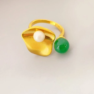 Open Adjustable Ring Copper Gold Plated Mabe Artificial Pearl Green Chalcedony Lotus Leaf Wave Shape Elegant Fashion Jewelry For Women