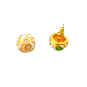 Vintage style round white enamel stud earrings with gold abstract floral patterns